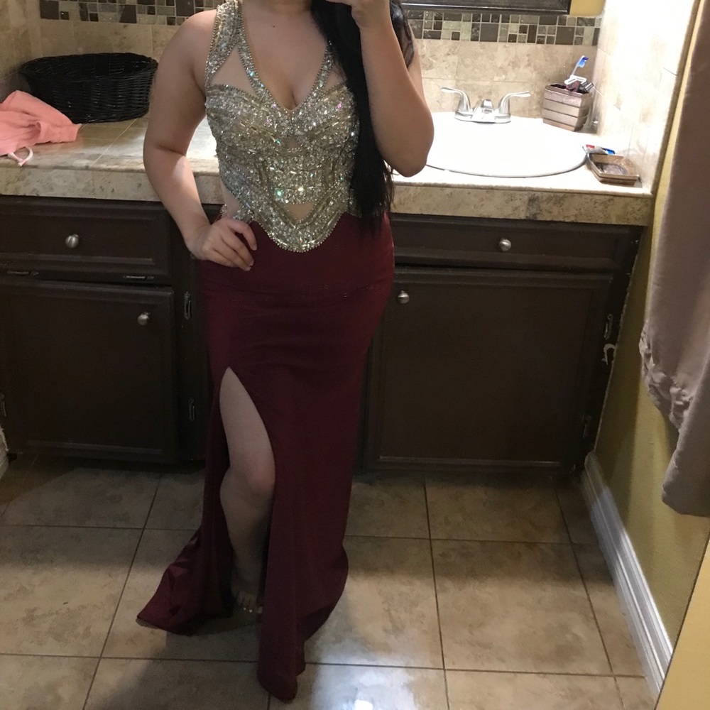 Burgundy Prom Dress With Sequins Diamonds